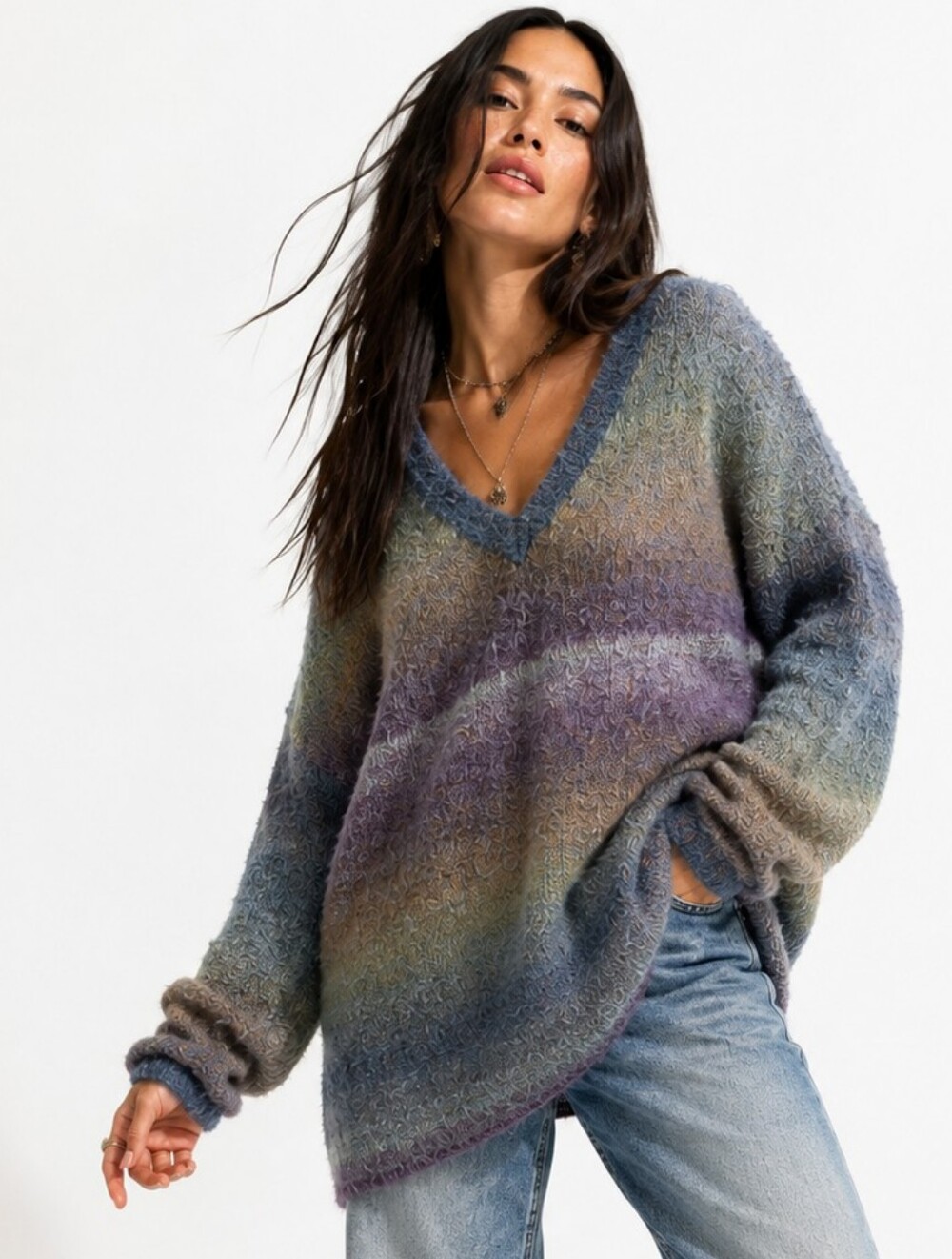 Natural Life Fuzzy Ombre V-Neck Sweater Blue Purple Green Medium